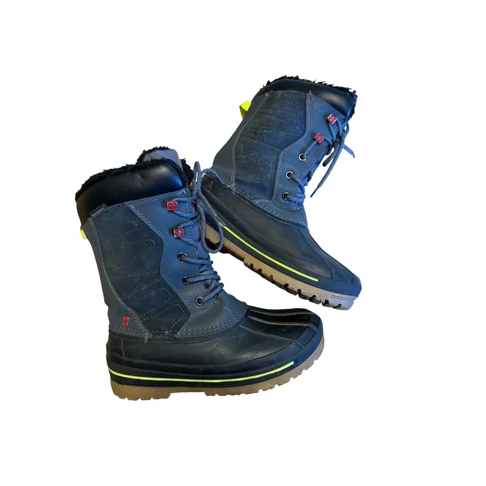 Swiss Tech Winter Boots Duck Black Yellow Trim Size 3 Kid Tie Waterproof Cozy
